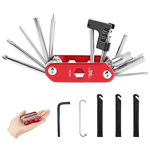 WOTOW 16 en 1 multi-función para bicicleta Kit de herramientas de reparación llave Allen con 3 piezas neumático barretas varillas, 14 in 1 tool red