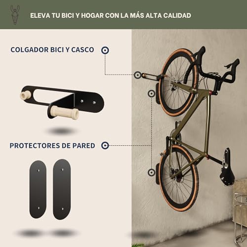ZAMURANO. Soporte bicicletas pared, soporte bici vertical, colgador bicicleta y casco negro para bicis de carretera, mtb, eléctricas. (2)