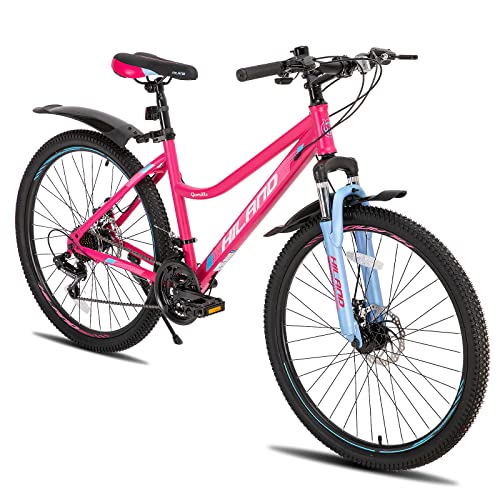 HILAND Bicicleta de Montaña MTB Bicicleta 26 Pulgadas para Mujer y Niña 21 Marchas con Suspensión Delantera Marco de Acero Freno de Disco Guardabarros Rosa…