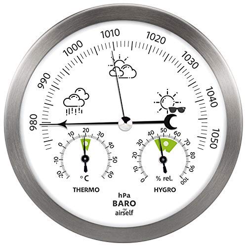 airself Estación meteorológica analógica para Interiores y Exteriores - con barómetro, termómetro, higrómetro - Acero Inoxidable