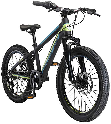 BIKESTAR Bicicleta de montaña Juvenil de Aluminio 20 Pulgadas de 6 a 9 años | Bici niños Cambio Shimano de 7 velocidades, Freno de Disco, Horquilla de suspensión | Negro