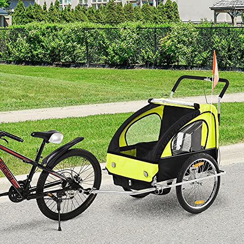 HOMCOM Remolque de Bicicleta para Niños de 2 Plazas con Amortiguadores para Correr con Barra y Kit de Footing 142x85x105 cm Verde